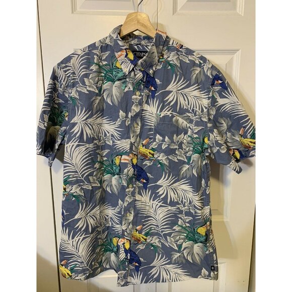 Chaps Mens Sz L Hawaiian camp shirt blue toucan cotton short sleeve‎ button up - Picture 3 of 5